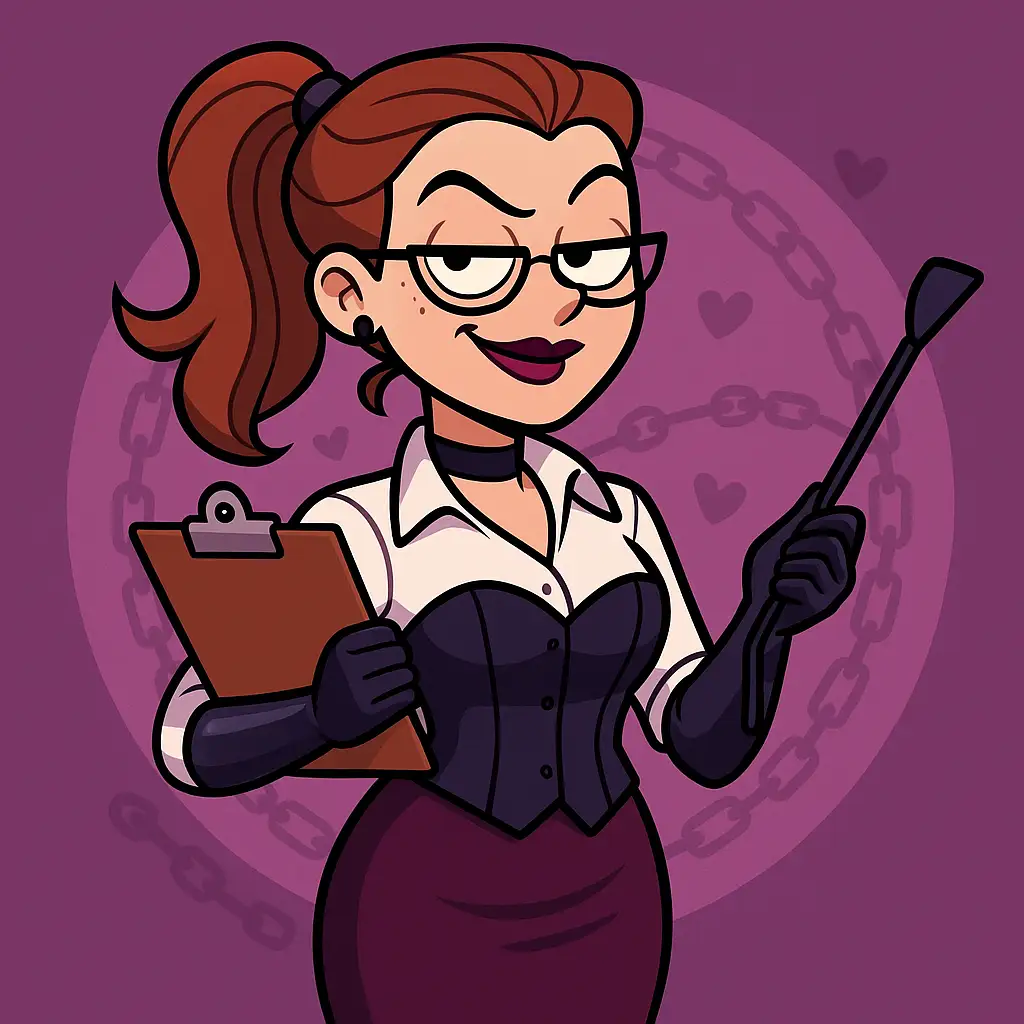 Server Domme's avatar: a cartoon woman in glasses and a corset, holding a clipboard in one hand and a riding crop in the other